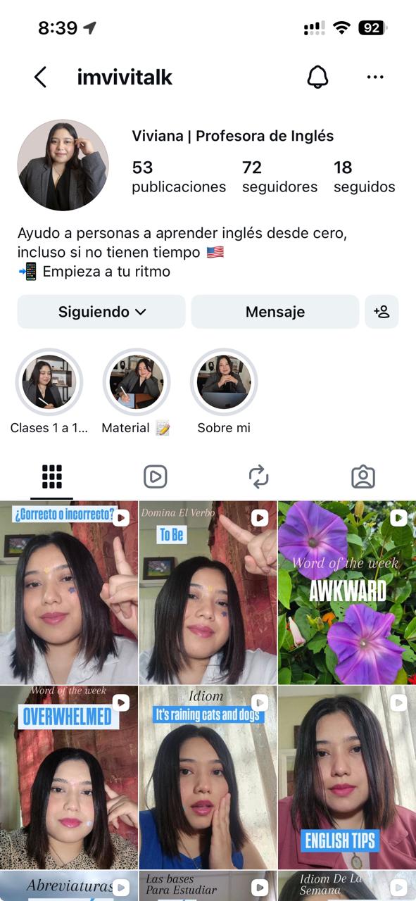 Perfil de Instagram de Viviana, profesora de inglés, con su contenido publicado
